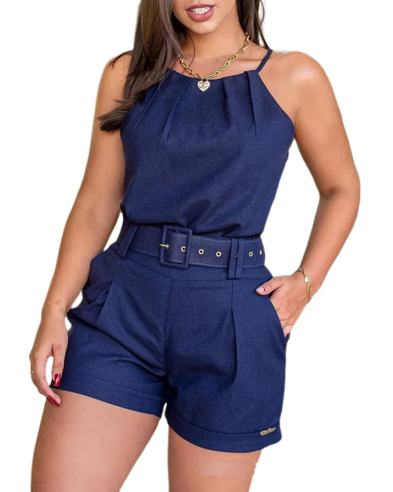 Verão Nova Moda Feminina de Duas Peças Cor Sólida Magrinha Sem Mangas Casual Suspender Ombro Frio Top Shorts Conjunto com Cinto