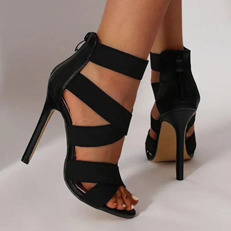 Preto Sexy Dedos Abertos Gladiador Sapatos Sandálias Femininas Super Bombas de Salto Alto Senhoras Banda Larga Volta Zipper Festa Sandália de Casamento